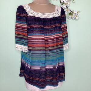 Hannah Retro Southwestern Peasant Top Crochet Lace Square Neck Sunset Stripes